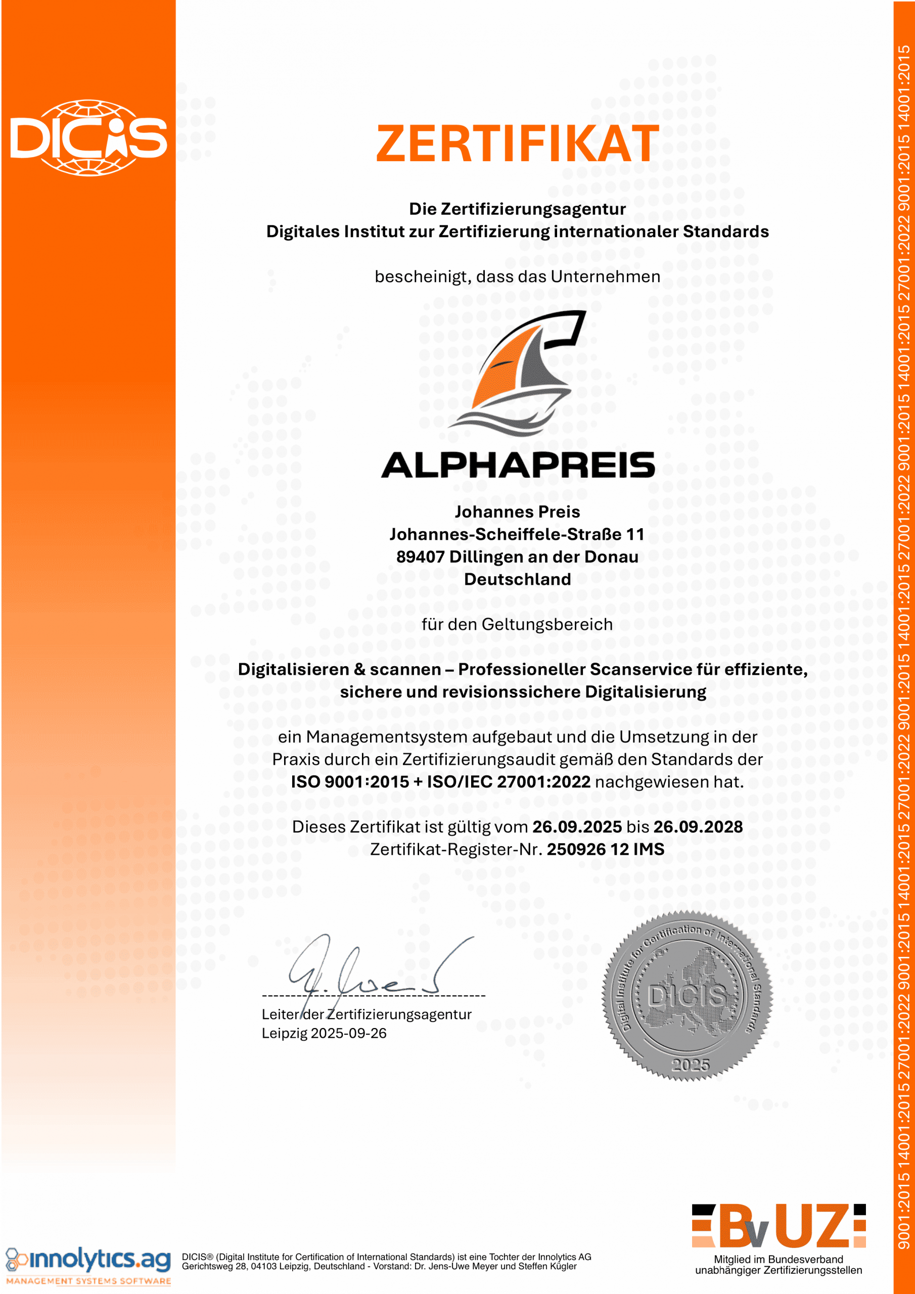 Alphapreis ISO9001 ISO27001