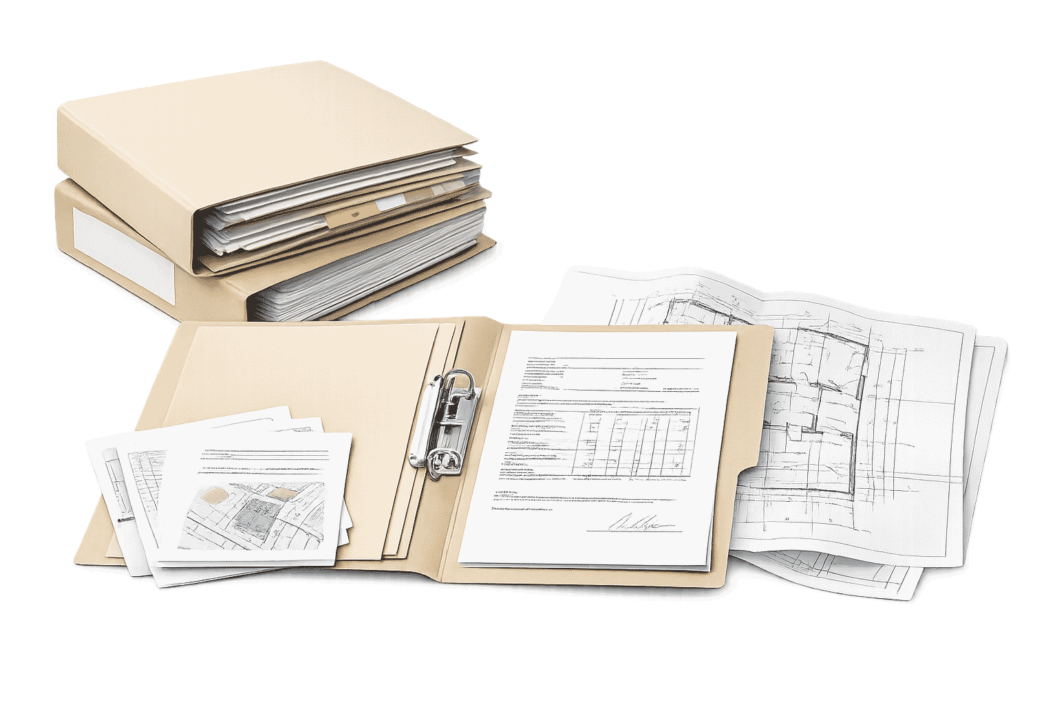 Bauakten digitalisieren lassen – geöffnete Bauakte mit Schriftgut und Bauplan