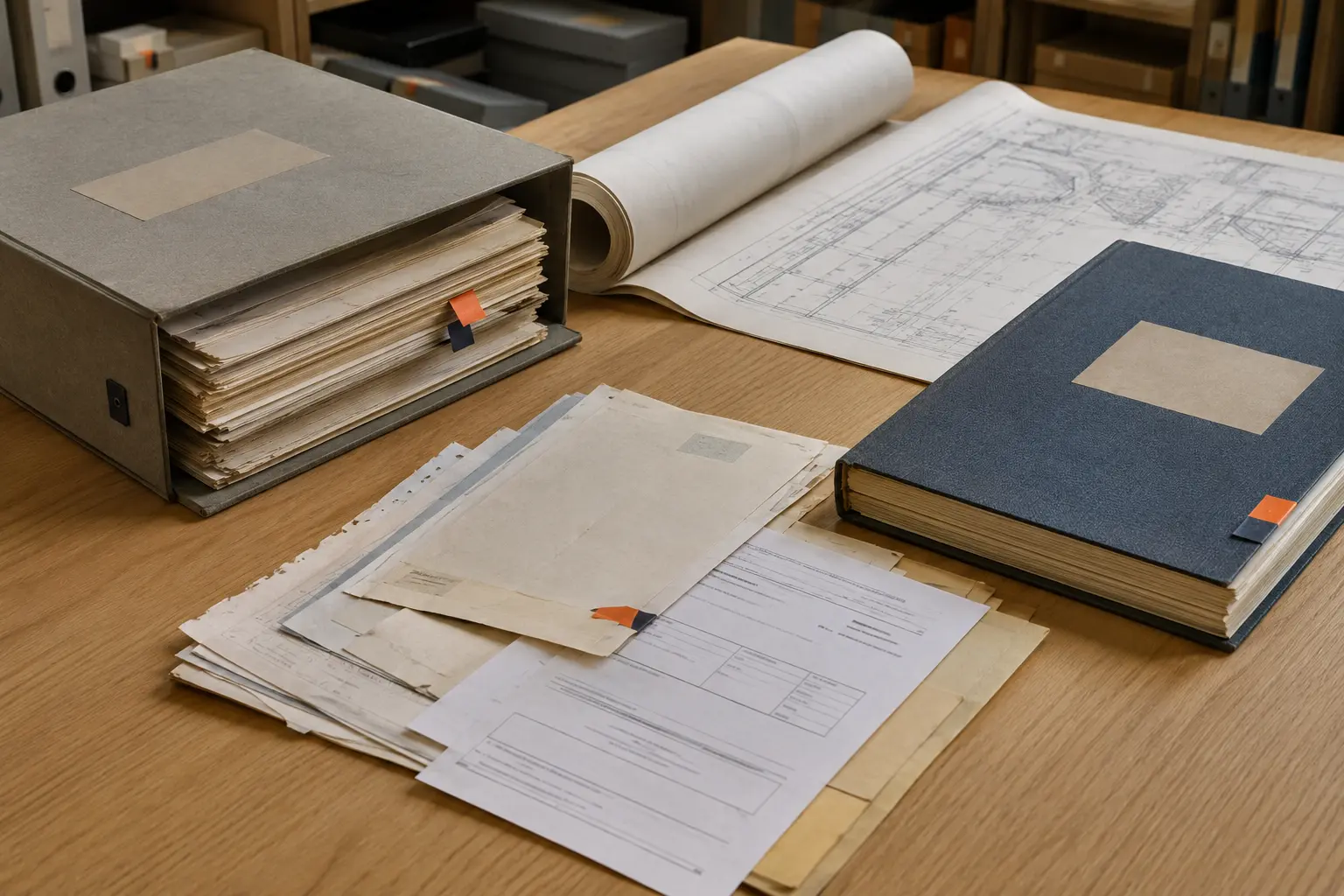 Unterschiedliche Unterlagen für den Scanservice: Akte, Plan, Buch und lose Dokumente