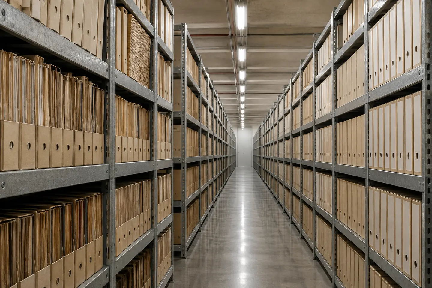 Archivregale mit Aktenordnern eines umfangreichen Digitalisierungsprojekts