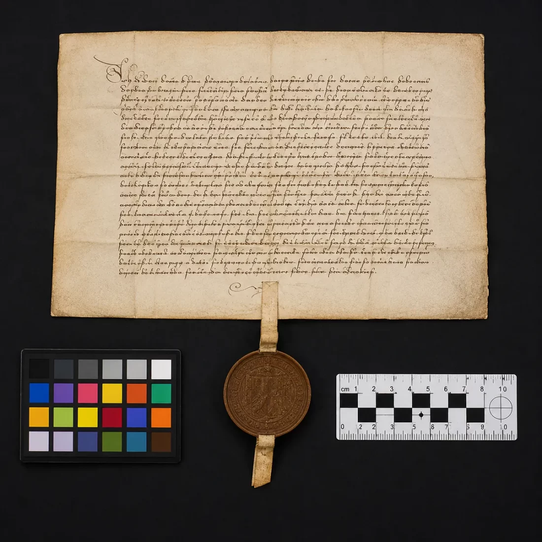 Urkunden digitalisieren lassen – historische Urkunde mit Siegel, Farbchecker und Maßstab